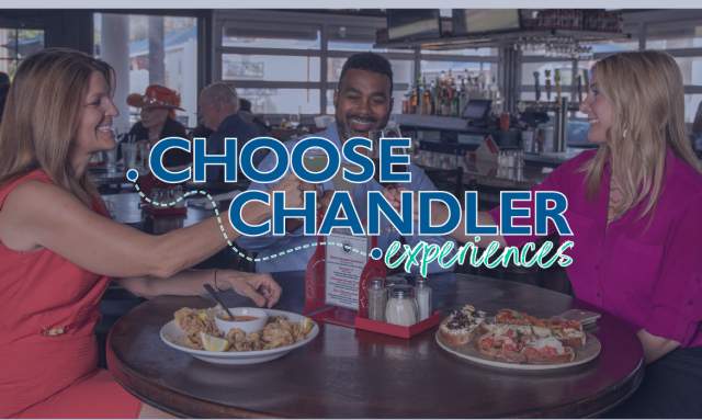 3 people cheers with Choose Chandler Experiences logo on top.