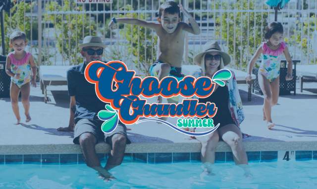 Family jumping into pool with Choose Chandler Summer logo overlayed.