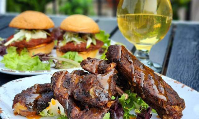food served on table with a drink glass