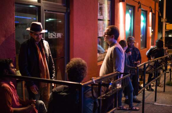 People standing & talking outside of The Bishop Bar