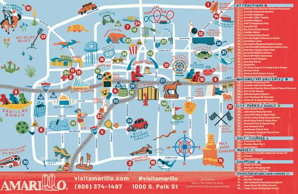 a colorful illustrated map of Amarillo highlighting Route 66, Cadillac Ranch, Palo Duro Canyon, downtown, and local attractions with playful drawings of landmarks, parks, museums, and Western icons across the city