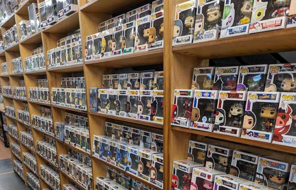 Interior of the Nerd Store showing a wall of pop figurines