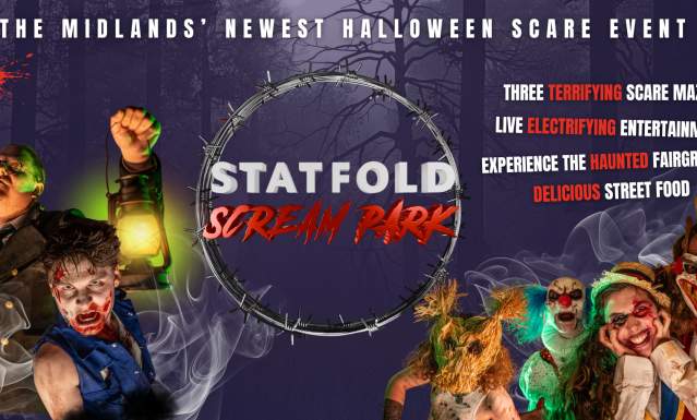 A graphic promoting Statfold Scream Park, with scary characters in costume and information on reasons to visit