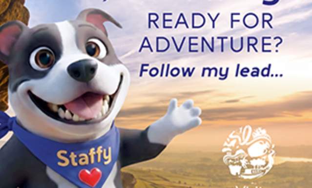 Graphic of Visit Staffordshire mascot saying Hi, I'm Staffy. Ready for adventure? Follow my lead. #FollowStaffy