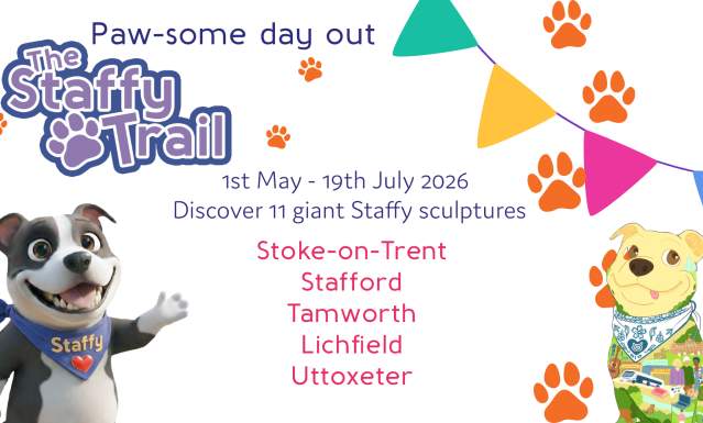 Infographic for the 2026 Staffy Trail launching on Staffordshire Day (1st May) featuring 11 large sculptures in a series of trails