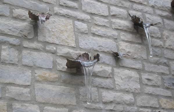 Close-up of the One Scene public art installation in Dublin, Ohio, featuring bronze leaves mounted on a stone wall. Each leaf holds a clear glass form resembling a frozen water droplet, blending natural and sculptural elements in a striking visual display.