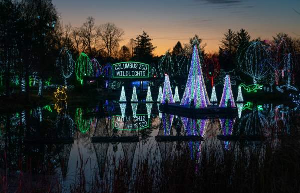 Holiday light display on the lake at the Columbus Zoo