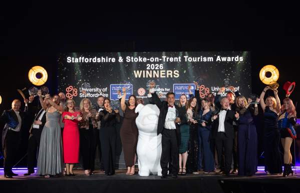 The winners of the 2026 Staffordshire & Stoke-on-Trent Tourism Awards celebrate their success on the stage