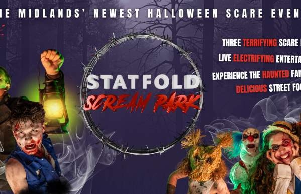 A graphic promoting Statfold Scream Park, with scary characters in costume and information on reasons to visit