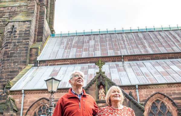 couple outside St Giles RC Church Pugins Gem