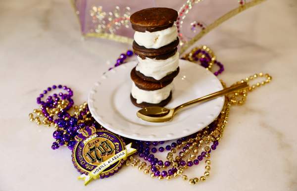 Layers of chocolate moonpies and vanilla ice cream