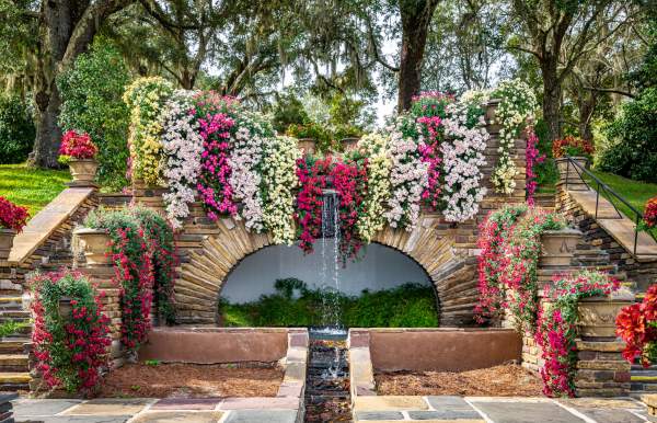 Cascading mums hang from brick steps surrounding a water fountain