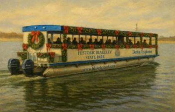 A drawing of a boat decorated with Christmas wreaths