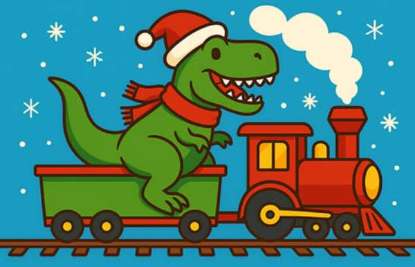A green cartoon T-Rex in a Santa hat rides a toy train