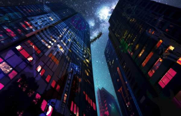 View from the ground looking up at skyscrapers lit with red lights and reindeer flying over the buildings
