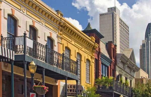 colorful buildings on Dauphin Street in downtown Mobile