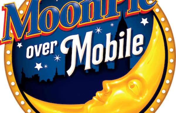 Moonpie over Mobile logo; round, with crescent moon and text