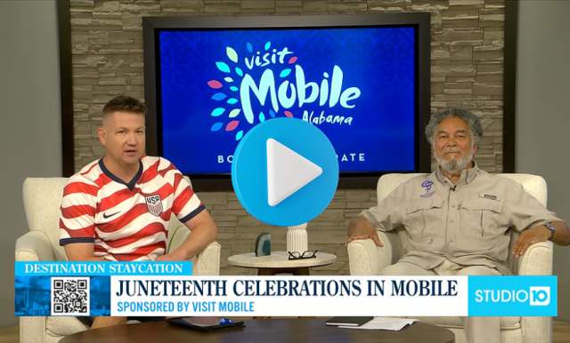 A TV set featuring two men sitting in chairs with the headline "JUNETEENTH CELEBRATIONS IN MOBILE"