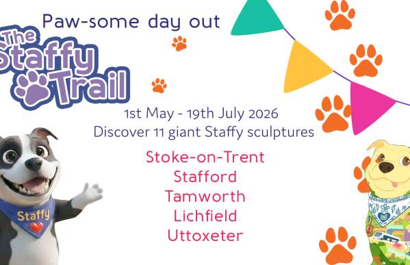 Infographic for the 2026 Staffy Trail launching on Staffordshire Day (1st May) featuring 11 large sculptures in a series of trails