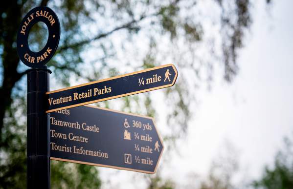 Sign post directional signage for pedestrians in Tamworth town centre