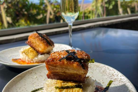 Close up of a plate with puff pastry and rice