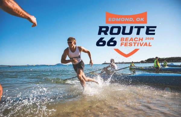 a photo of a rower sprinting out of the water with a logo overlayed that reads "Route 66 Beach Festival"