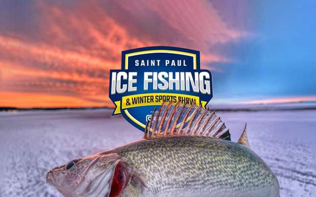 Ice fishing Devils Lake ND walleye with St. Paul Ice Fishing Show logo behind the fish.