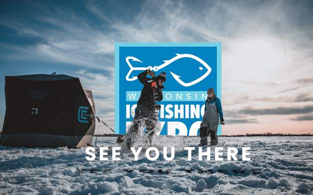 Devils Lake ND Ice Fishing - Wisconsin Ice Fishing Expo - Drilling holes with Clam shelter