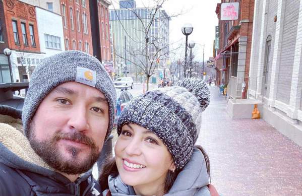 Couple taking selfie in winter