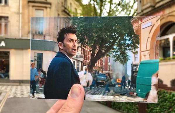 A view of Clare Street in Bristol's Old City, with a hand holding a photograph of actor David Tennant filming one of the 2023 Doctor Who specials in the same spot - credit Logan Walker