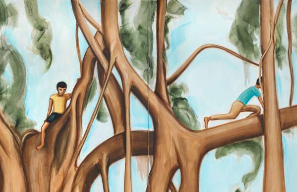 Matthew Krishanu, Banyan Tree, Two Boys, 2025, oil on canvas, 270 x 400 (Diptych) (photo Eva Herzog)