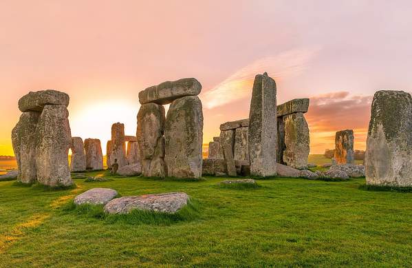 A view of the Stonehenge monument near Bristol at sunset
