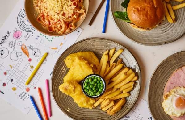 Selection of kids meals and menu with colouring in - credit The Maple