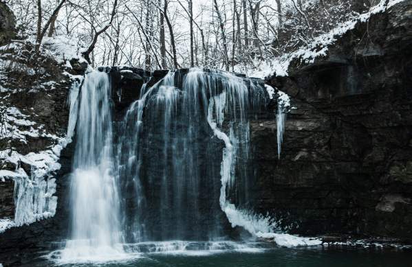 Hayden Run waterfall covered in snow and ice