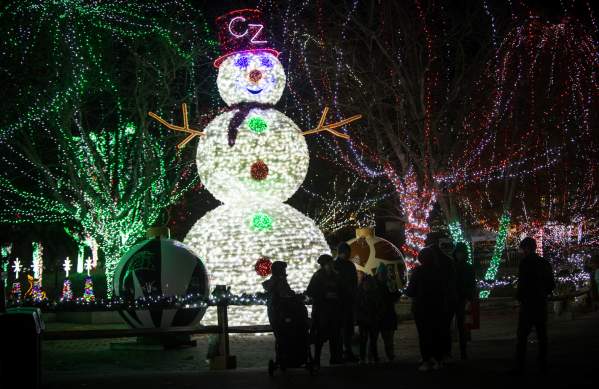 Giant illuminated snowman at Wildlights at the Columbus Zoo