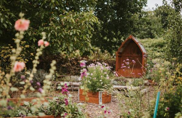 A view of Liquorice Park community garden in Lincoln, with spring flowers in the forefront