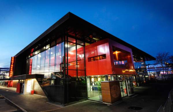 Exterior of the engine shed at night
