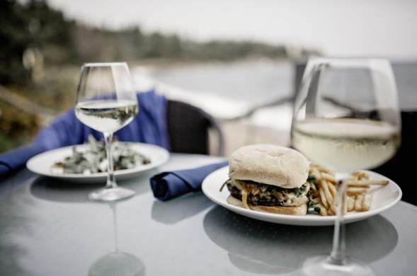 Dining outdoor and wine glasses along Lake Superior