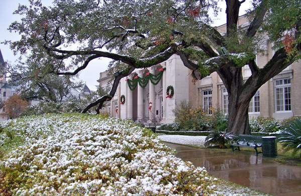 The historic Julie Rogers Theatre gets a dusting of snow.
