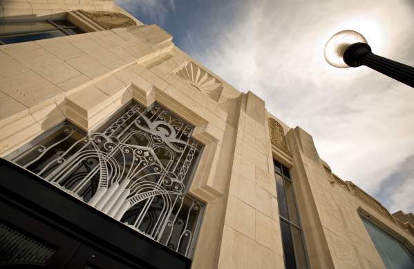 Windows at the entrance of the Kyle Building in Beaumont, Texas