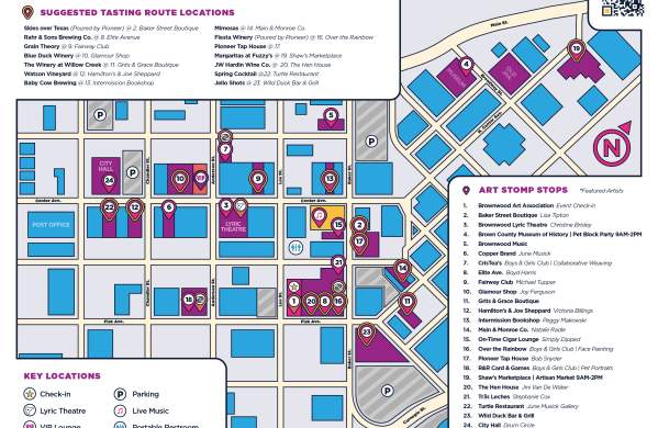 Map of Downtown Bronwwood marked out with locations that are participating in the Spring Art Stomp.