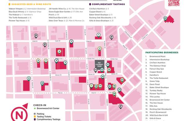 Map of downtown featuring participating businesses for the Sipping Under the Stars Event