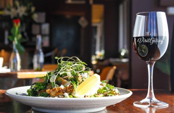 Food pic with Visit Gilroy wine glass