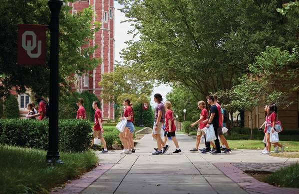 Students walking on campus at the University of Oklahoma