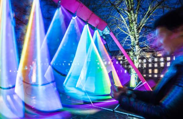 The 'Swing Song' installation in Queen Square during the Bristol Light Festival - credit Andre Pattenden