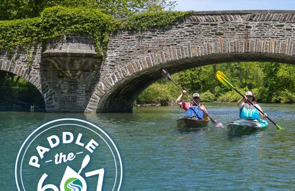 an image of two paddle boats on a river traveling under a stone bridge that has moss on it with a graphic in the bottom left corner that says Paddle the 607