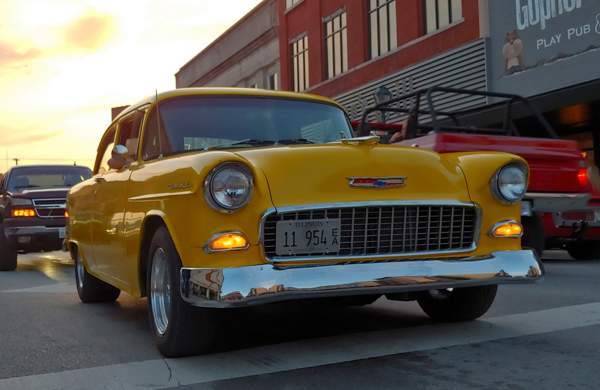 Vintage Yellow Car on Cruise Night in Downtown Effingham
