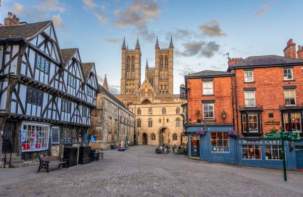 The view across Castle Square with historic buildings and Lincoln Cathedral in the background