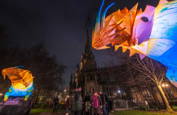 people stood in front of a cathedral at night with light installations in the foreground