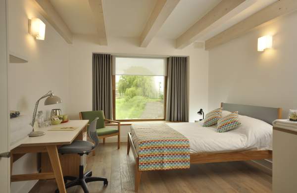 A double bedroom at Cowan Court, Churchill College, Cambridge